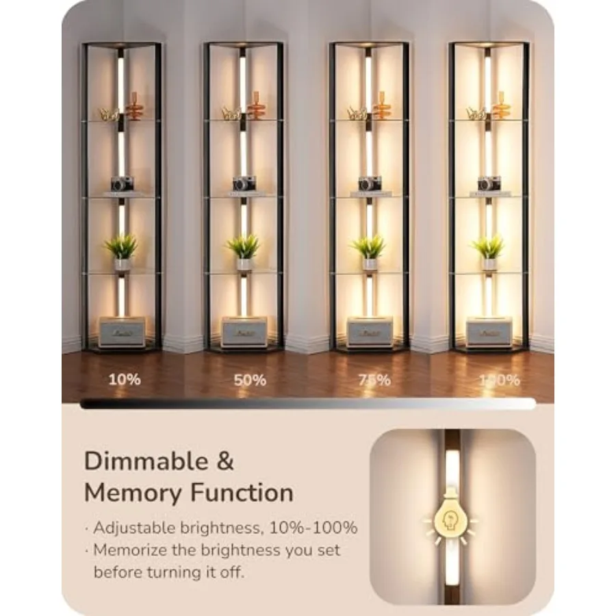 Floor Lamp with Shelves, 5-Tier Glass Display Shelf with Remote/Foot Control, 5CCT and Dimmable Corner Shelf Lamp, Open Display