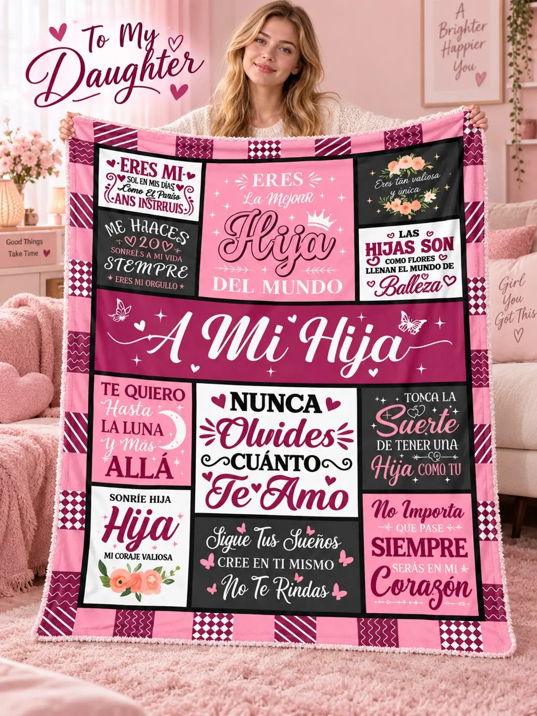 Daughter Flannel Blankets & Throws Spanish Hija Quote Message Gift From Mom for Birthday Christmas Thanksgiving Halloween Anniversary Holiday Bed Sofa Couch Nap Reading Travel Living Room Bedroom Home Decor Family Graduation Party Office Dorm Camping