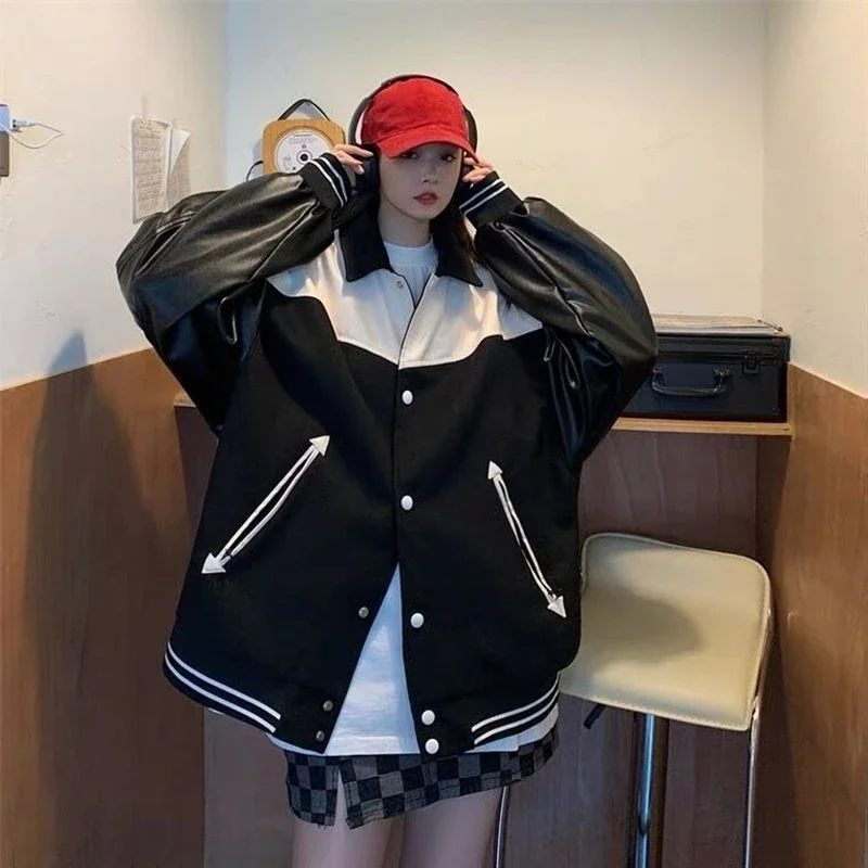 

Unisex PU Leather Blazer with Patchwork Detail​ Men Women Loose Fit Retro Jacket for Spring Fall Streetwear Couple's Outerwear