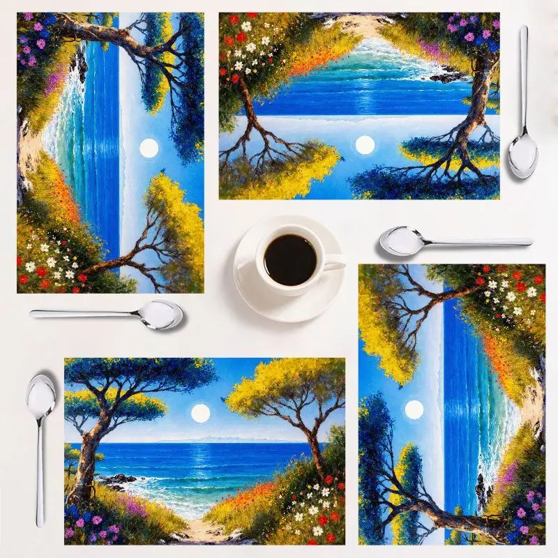 

Набор из 4 салфеток, яркий дизайн с видом на море, легко чистится, 12x18 дюймов, идеально подходит для кухни и праздничных случаев, стиль INS.