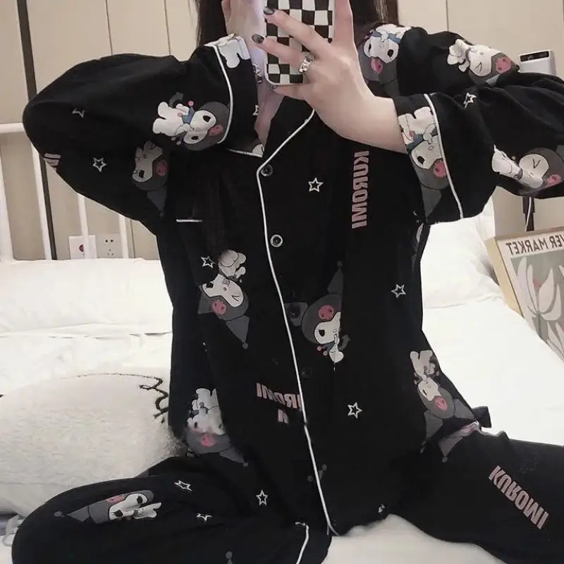 Kawaii Pajamas Set Sanrio Kuromi Anime Cute Cartoon Cotton Pants Casual Sexy Long-Sleeved Home Wear Cloth Girls Festivals Gifts