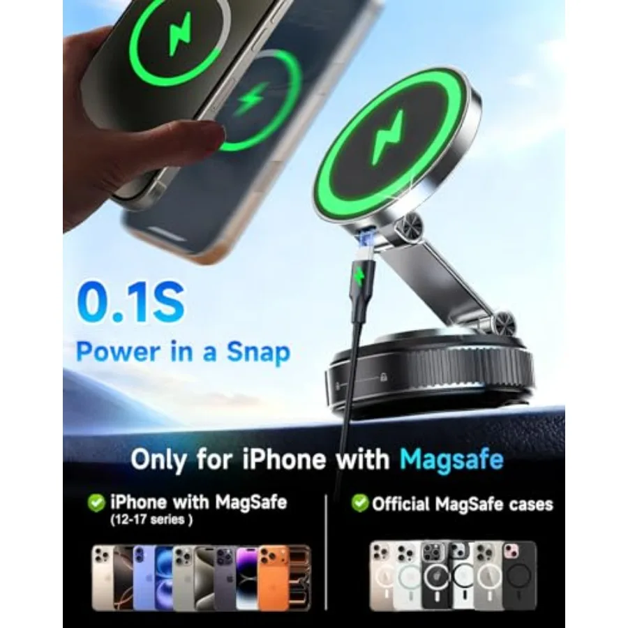 شاحن سيارة لاسلكي مغناطيسي سريع الشحن بقدرة 15 وات مع كوب شفاط مكنسة كهربائية قوي للغاية 120 رطل ومغناطيس عالي الأداء 3000 جرام فهرنهايت