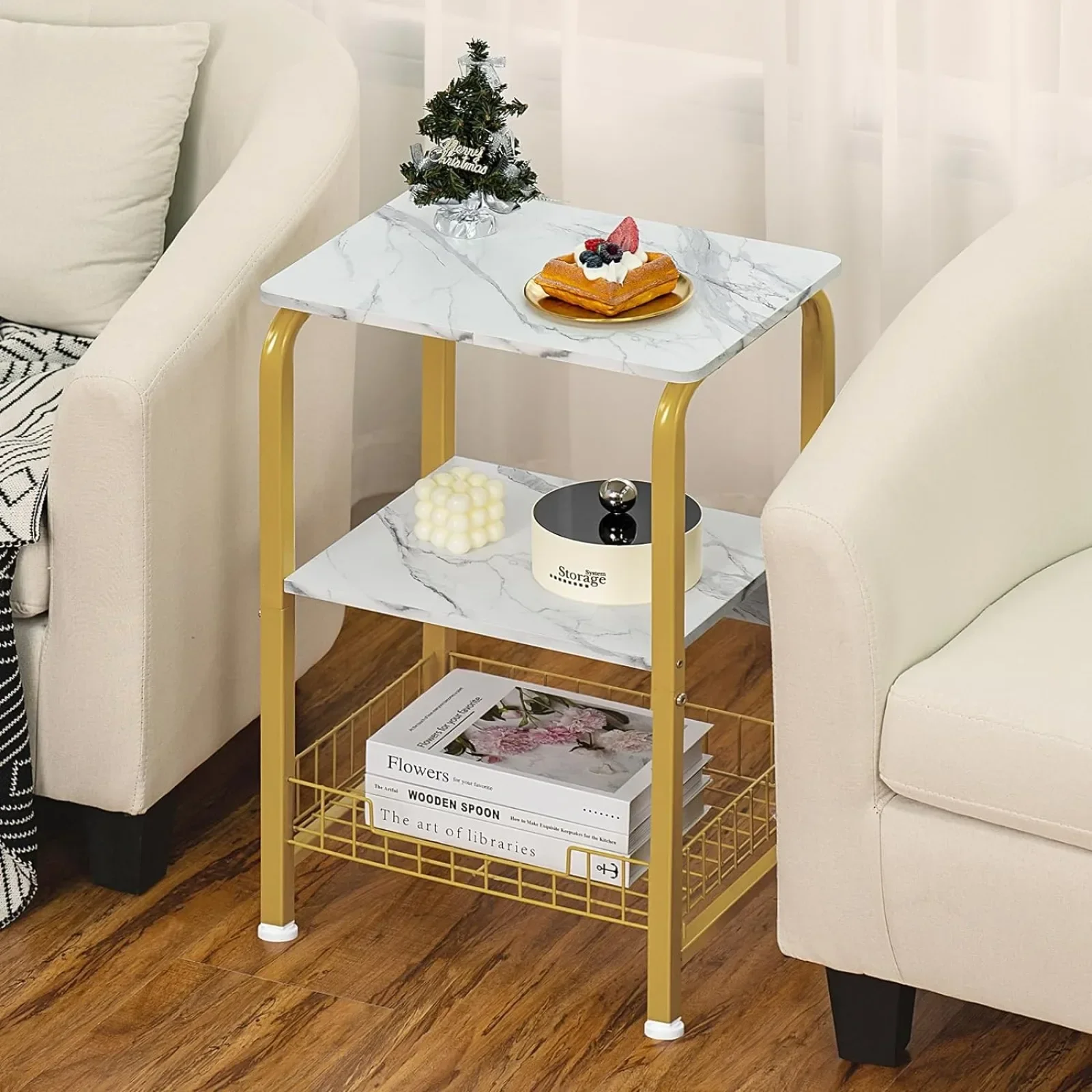 

#For White and Gold Side Table Set of 2,3-Tier Small End Table with Storage Basket,Modern Nightstand with Metal&