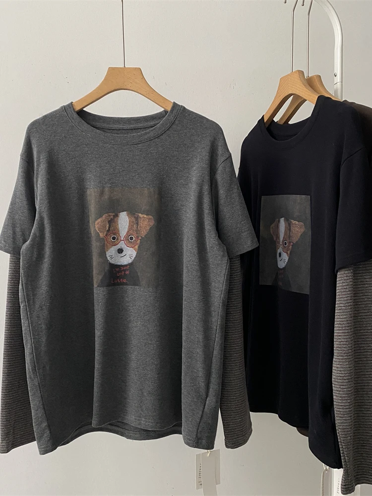 Loose Fit Long Sve Sweatirt Women's Print Base Layer Top Korean Sle round Ne Polyester Fiber Casual Comfortable