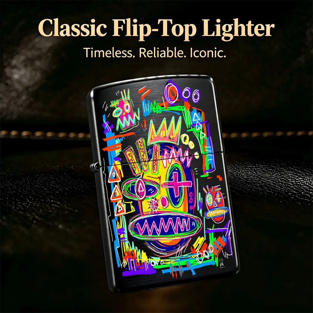 Pocket Lighter, Flip-Top Windproof Design, Metal Case with Bright Crown Print, Comfortable Grip, Portable, Refillable, Durable Flame - Vibrant Artwork