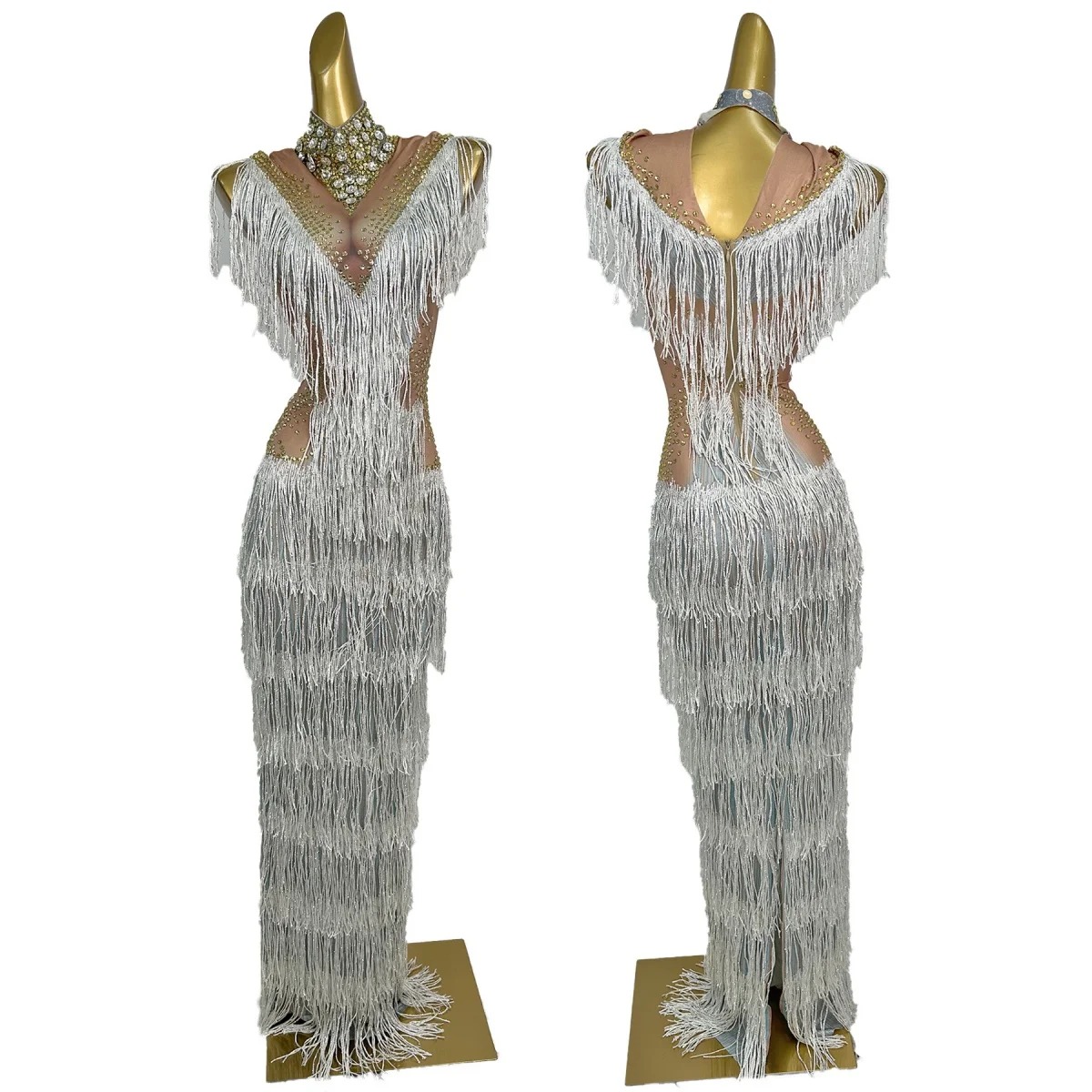 

Sparkly Rhinestone Sequins Tassel Tight Fitting Long Dress Women Sexy Spandex Birthday Club Prom Evening Dress Dance Show Wear