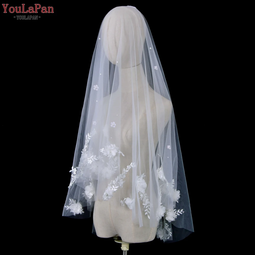 Youlapan V122 Cưới Vân Có Che Mặt Ngọc Trai Cánh Hoa Vân Cưới Cô Dâu Vân 3D Organza Hoa Cạnh Khuỷu Tay Dài Gân