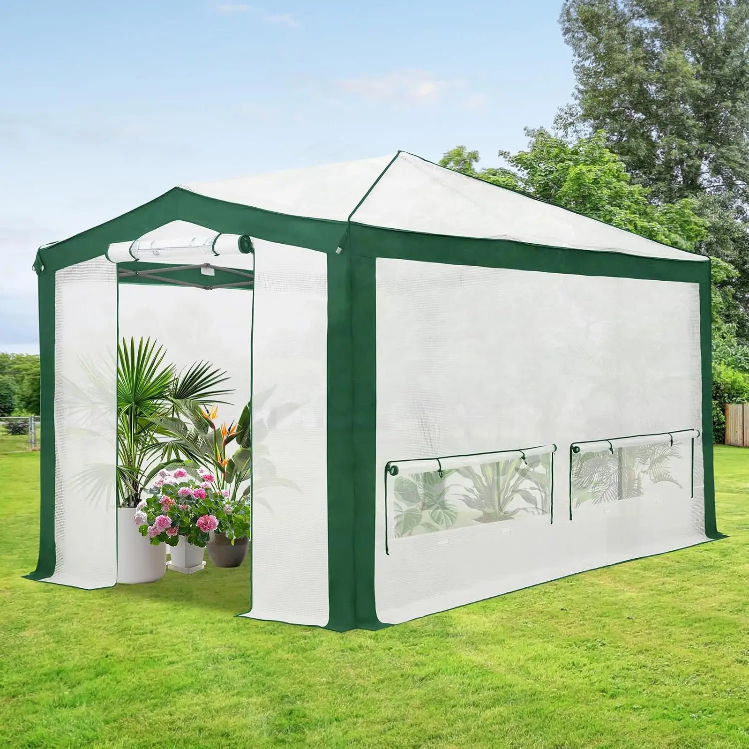 12x8 Walk in Pop Up Greenhouse, Support Pole, Green/White, Customized
