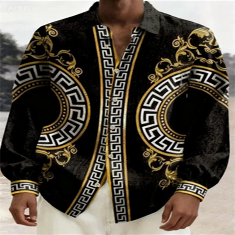 

2026 Retro Creative Baroque Palace Printed Men's Long Sleeve Shirt, Casual Holiday Shirt Novelty Party Family Gift
