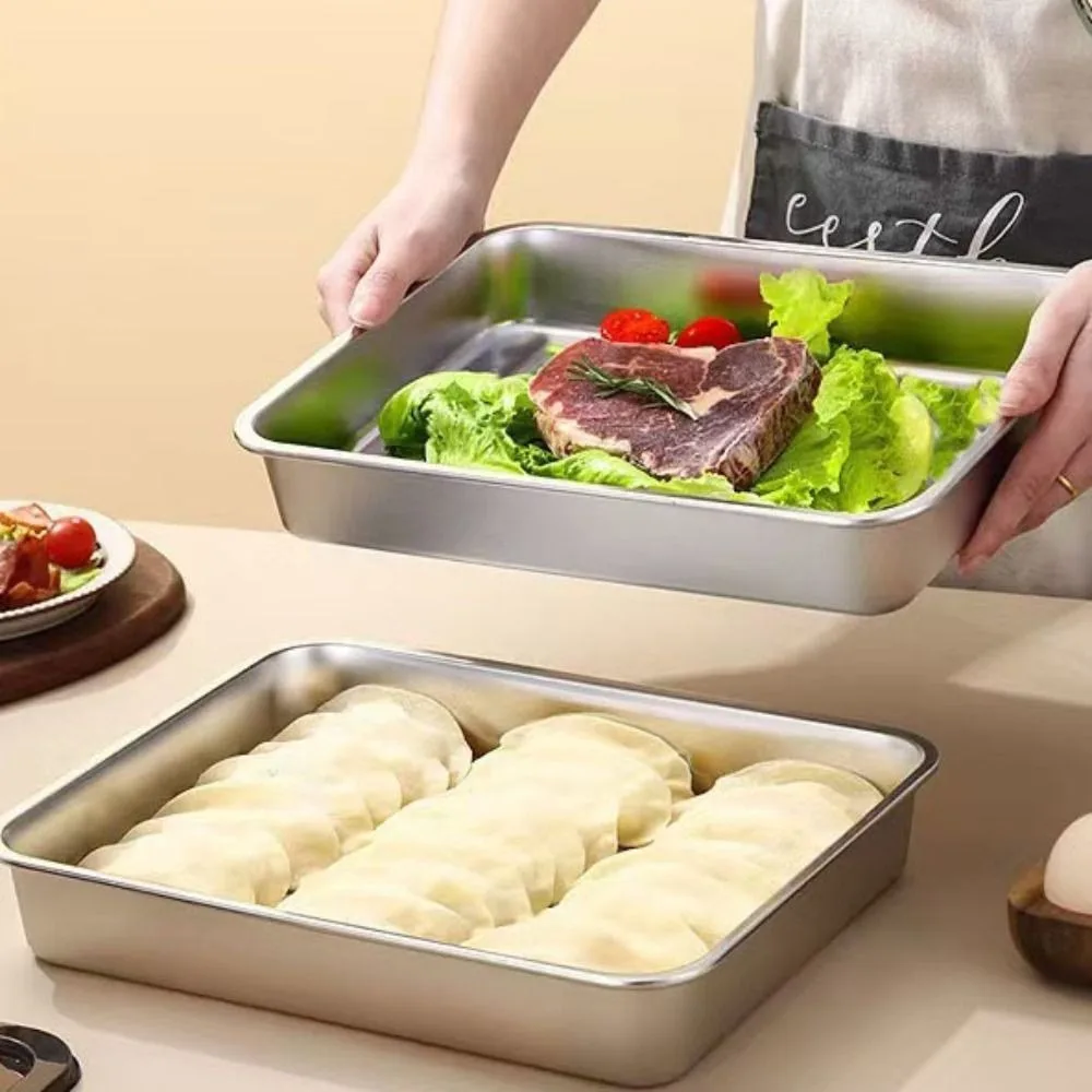 Stainless Steel Fresh-keeping Box with Plastic Lid Rectangular Dumplings Box Non-stick Bottom Large Size Prep Meal Tray