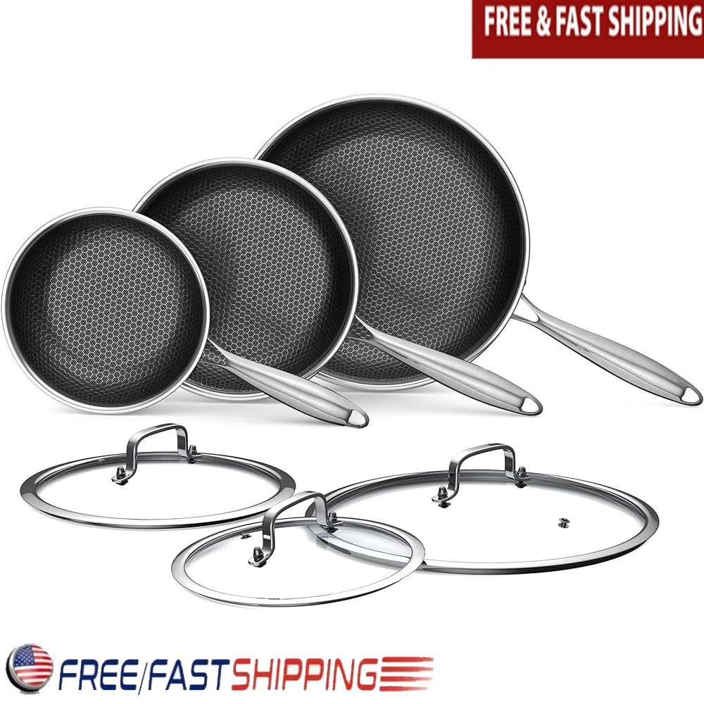 

Stainless Steel Nonstick Skillet Set 8 10 12 Inch Tempered Glass Lid Induction Gas Electric Dishwasher Safe Cookware