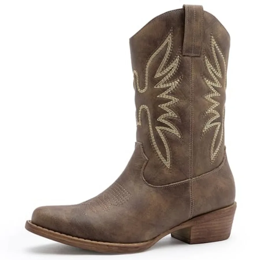 

GLOBALWIN Cowboy Boots For Women Cowgirl Boots With Low Heel Comfortable Embroidered Western Boots Snip Toe Mid-Calf Boots