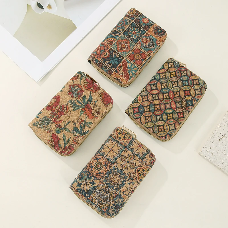 8pcs Wallets  Women Cork Leather Flower Copper Coins Printing  Multifunctional Middle Credit Card Holder