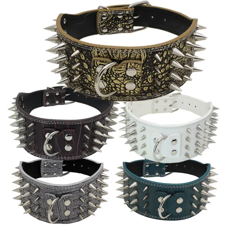 Spot Domineering Spiked Nail Collar PU Dog Ring Four Rows of Spiked Nails Anti-bite Dog Supplies Wholesale Pet Collars