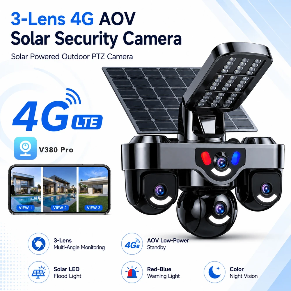 15MP AOV Solar Camera LED Lighting Three Screen 4G sim Security Solar CCTV Wireless PTZ Waterproof CCTV Security Camera