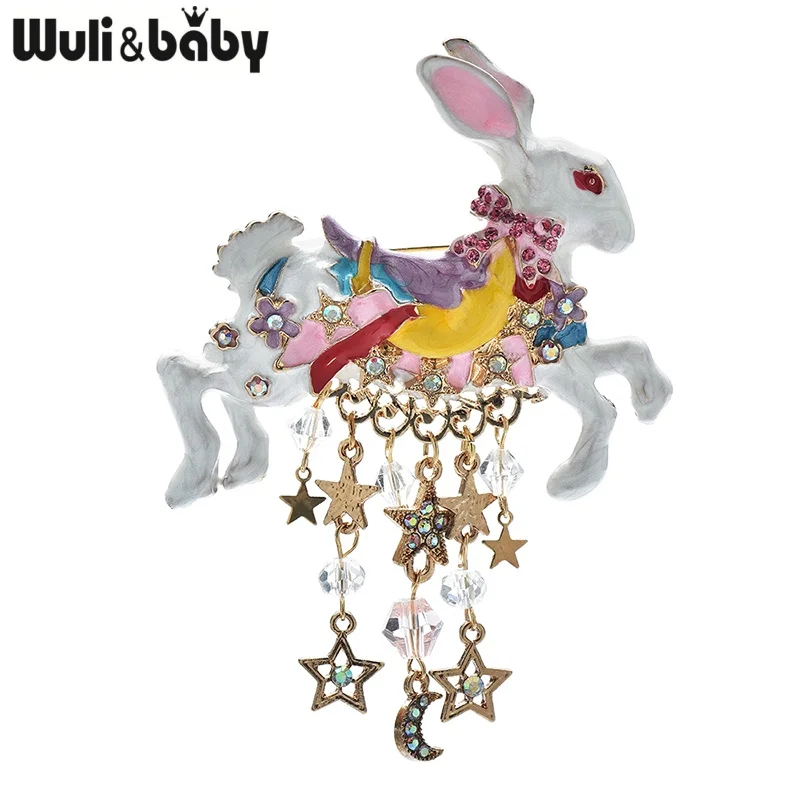 Wuli&baby Luxury Tassel Rabbit Brooches Pins For Women Unisex Enamel Stars Rare Pets Animal Party Office Brooch Pins Gifts