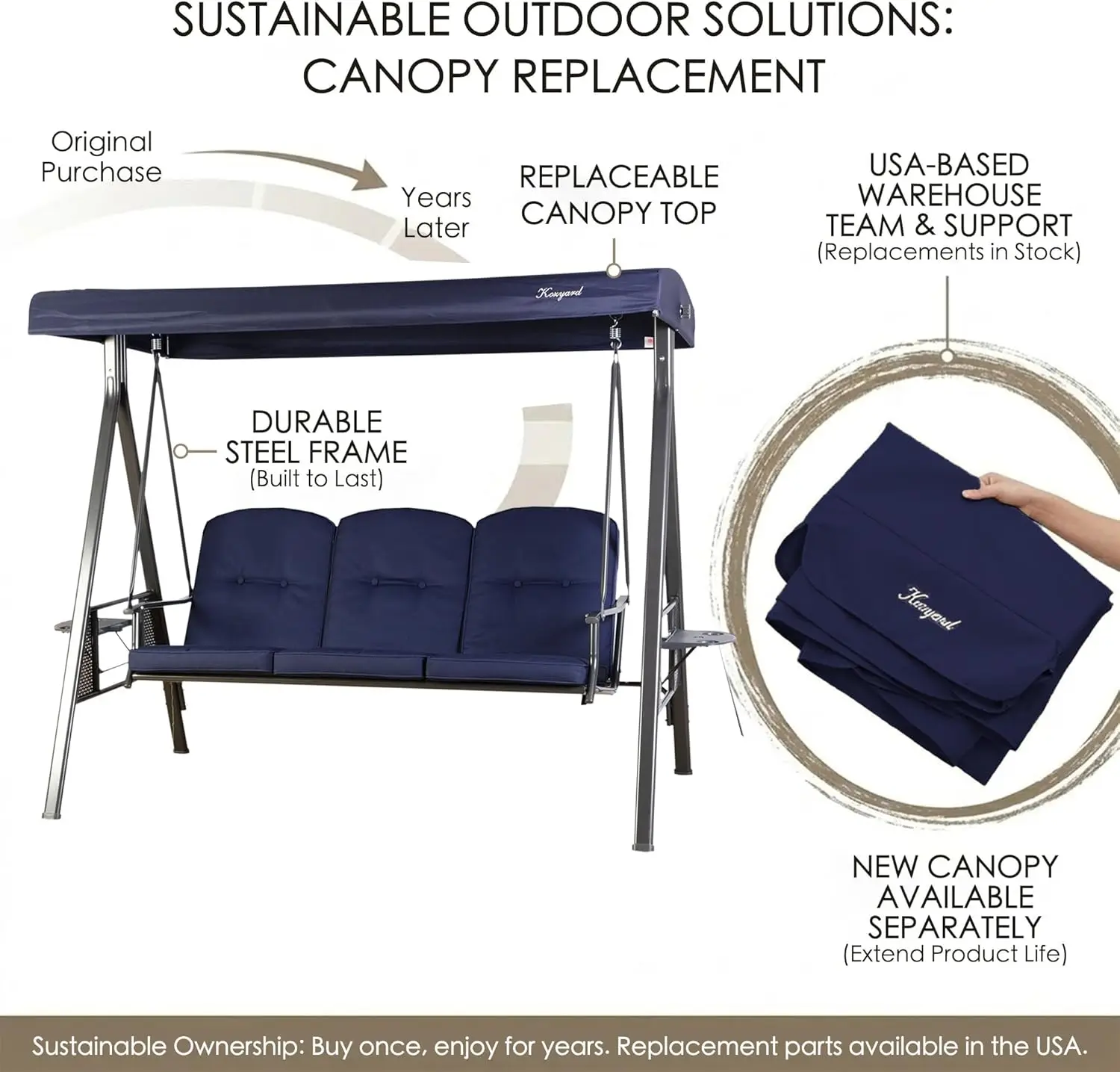 

Deluxe 3-Seat Outdoor Swing Chair with Adjustable Canopy and Stand for Backyard Poolside or Balcony Navy Blue