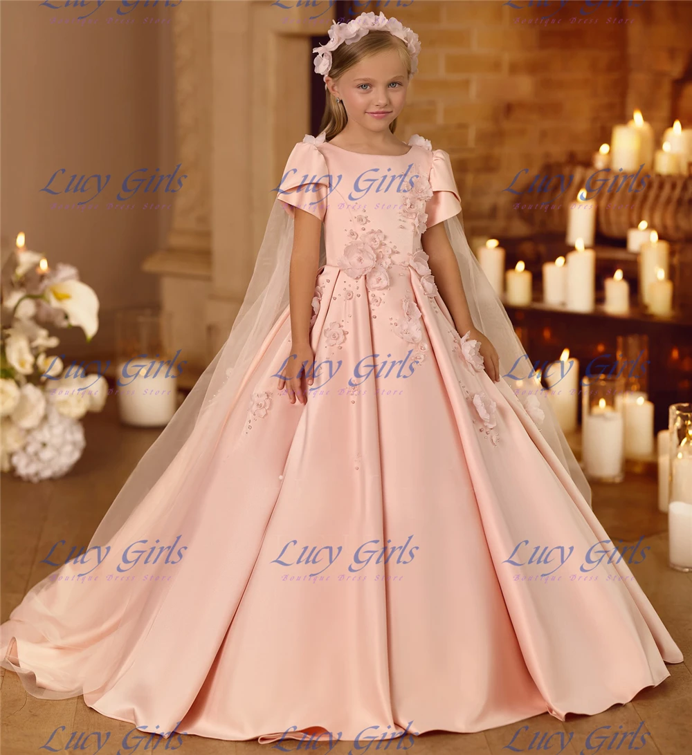 New Pink Flower Girl Dress Quality Satin Fluffy Exquisite Applique for Kids Wedding Birthday Holiday Party Evening Ball Gowns