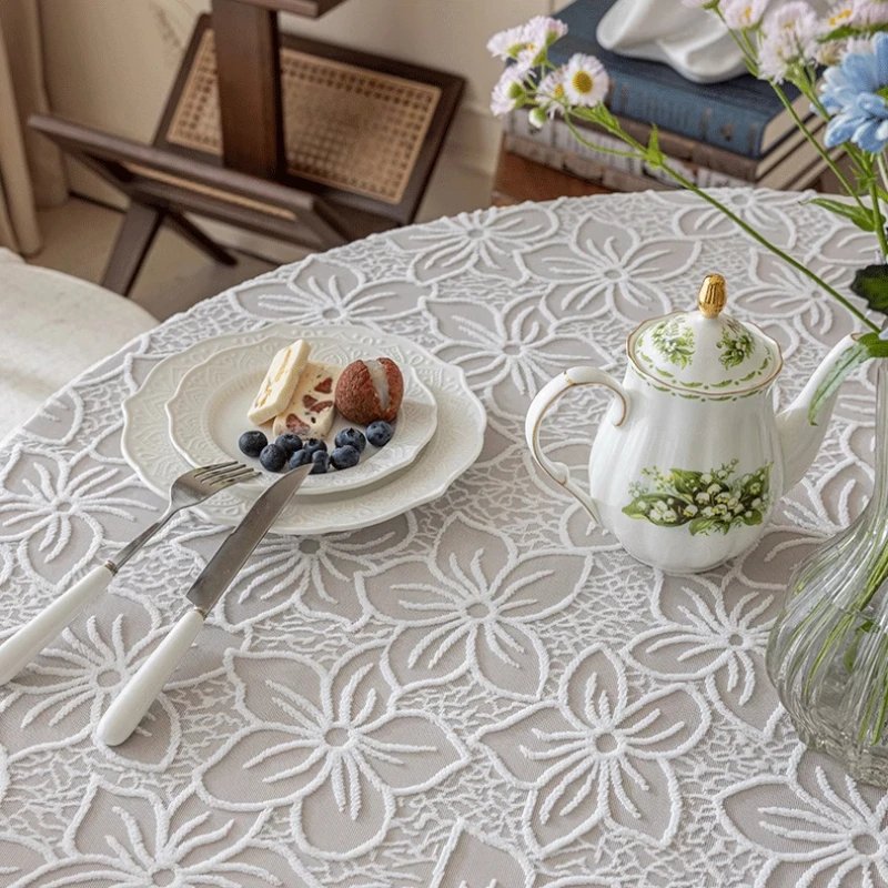 White Round Tablecloth for Wedding Decor Embroidered Lace Table Cloth Rectangle Tablecloth Banquet Coffee Table Cover Kitchen