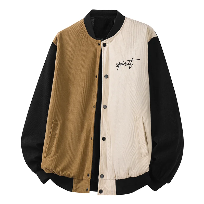 

Loose Fit Color Block Embroidered Corduroy Mens Casual Baseball Jacket
