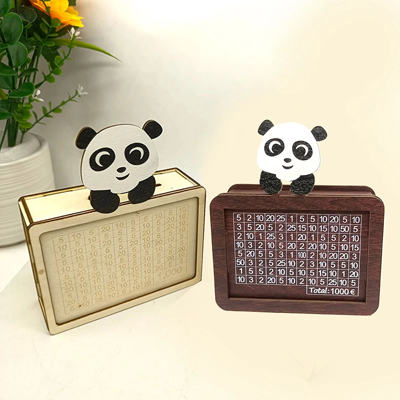Reusable Cartoon Panda Money Saving Box Wooden With Goals Counter Money Storage Bank