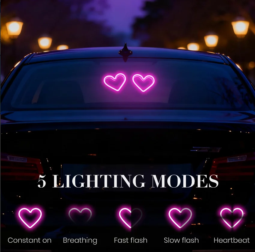 Heart-shaped universal Car Ambient Light with Suction Cup Mount; Solar-powered and Type-C Rechargeable Neon Light; Suitable for Transparent Surfaces Such as Glass; Perfect for Creating a Festive Atmosphere; Ideal for Valentine's Day, Parties, Concerts, Ch