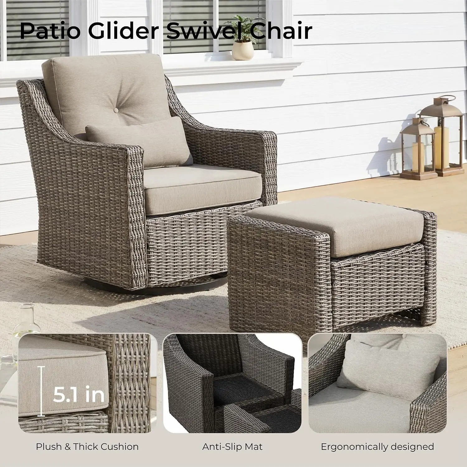 Outdoor Swivel Rocking Chair Ottoman All-weather Wicker Steel Frame 360° Rocking 5-in Cushion 350Lb, Customized