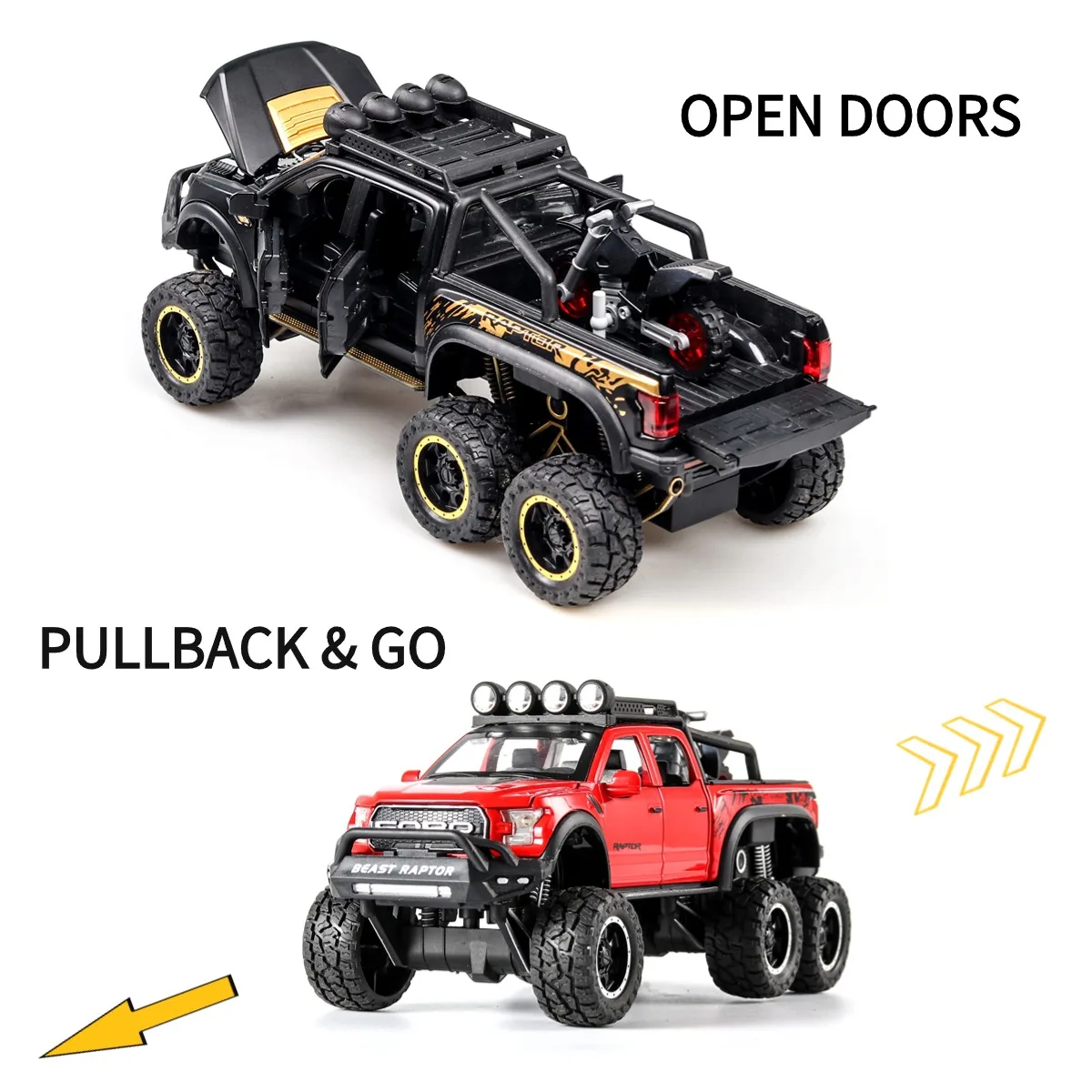 Ford F150 Raptor Scale 1:28 mainan mobil Pullback dengan lampu suara mesin, Mercedes Metal Diecast mobil Model hadiah anak laki-laki