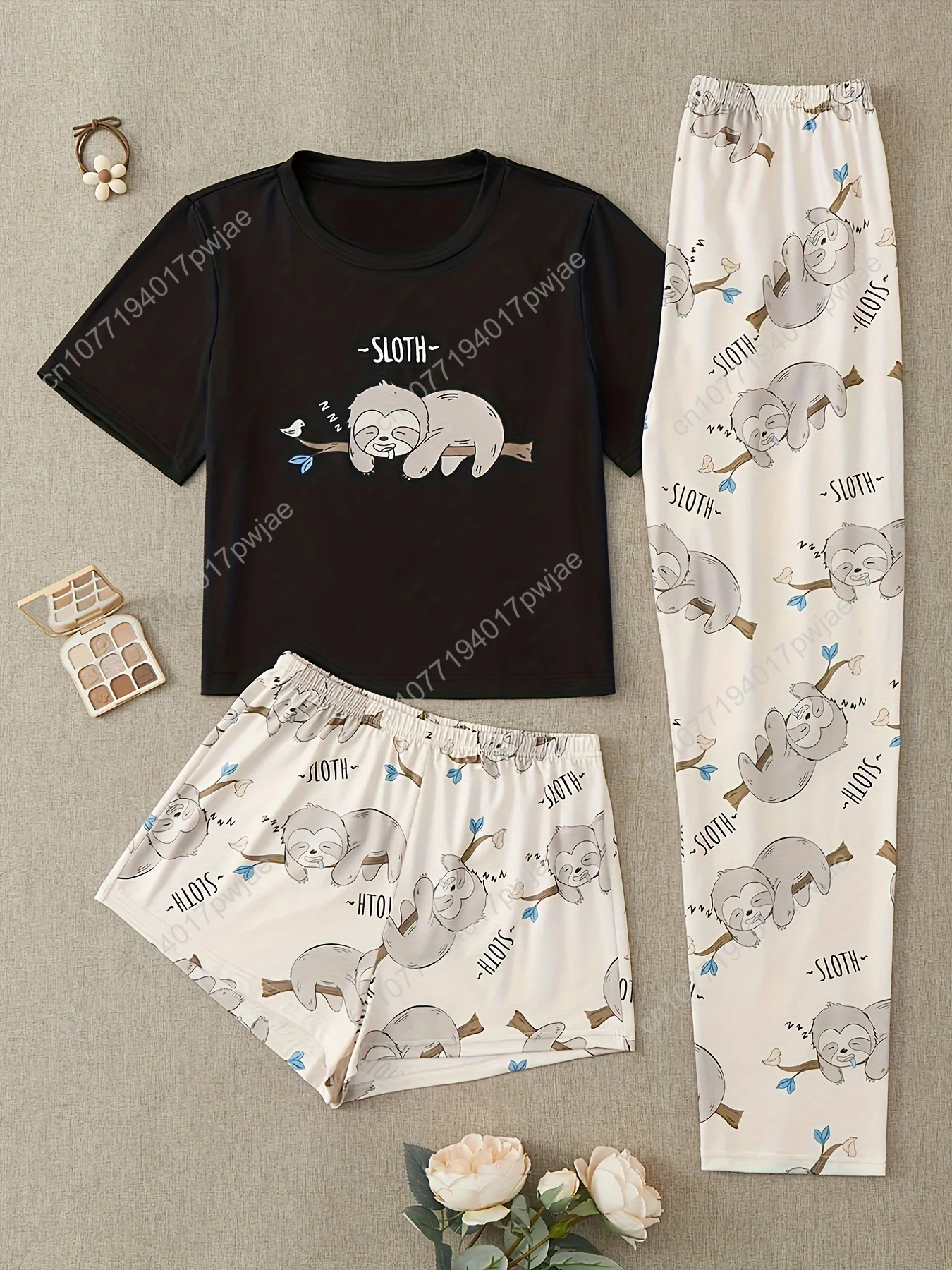 

Womens Cartoon Sloth Pajama Set - Soft Short Sleeve Crew Neck Top & Elastic Waistband Shorts & Pants - Adorable Loungewear for S