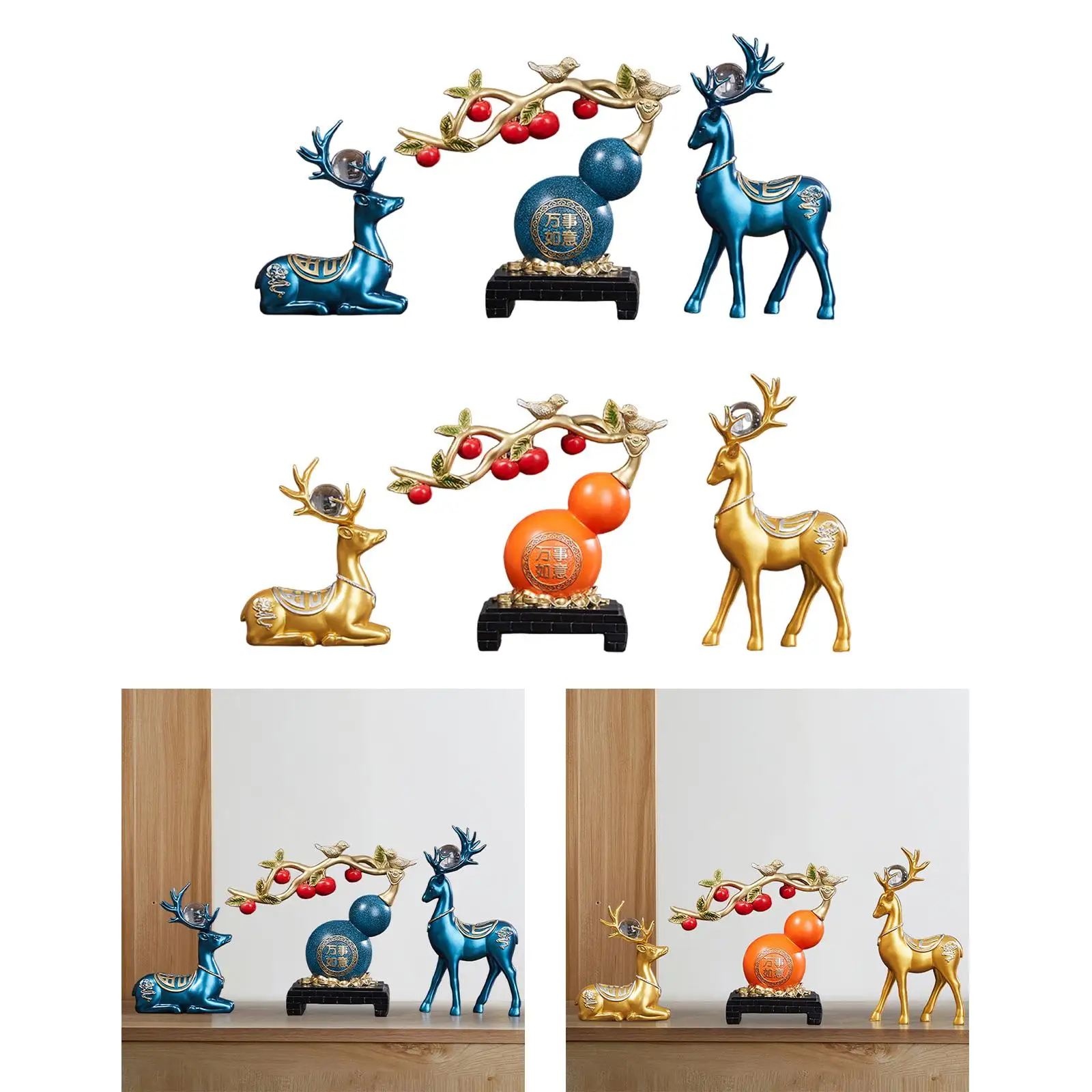 

3Pcs Gourd Deer Statues Set Decorative Figurines for Office Entrance Bedroom