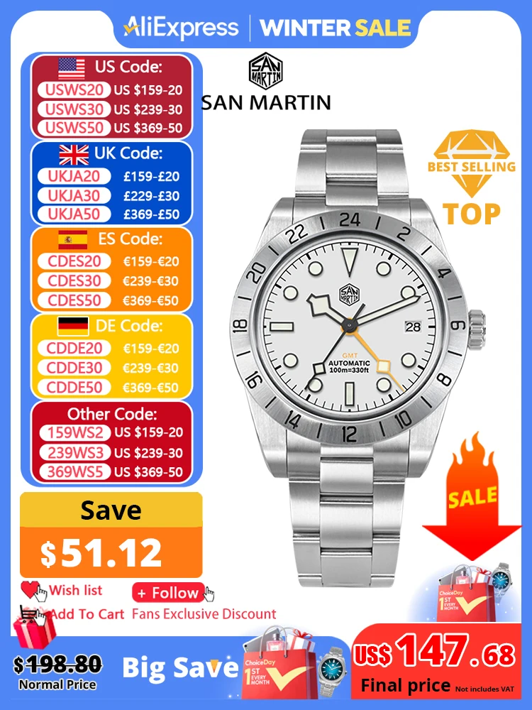 San Martin New 39mm NH34 BB GMT Automatic Mechanical Watch Sport Watch Sapphire Luminous Waterproof 100m for Men Relogio SN0054