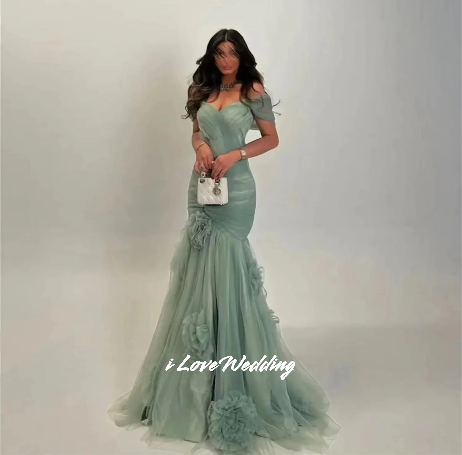 Green V-Neck Prom Dresses Off Shoulder Mermaid 3D Flowers Backless Floor-Length Saudi Arabia Evening Dresses Pleated Customized