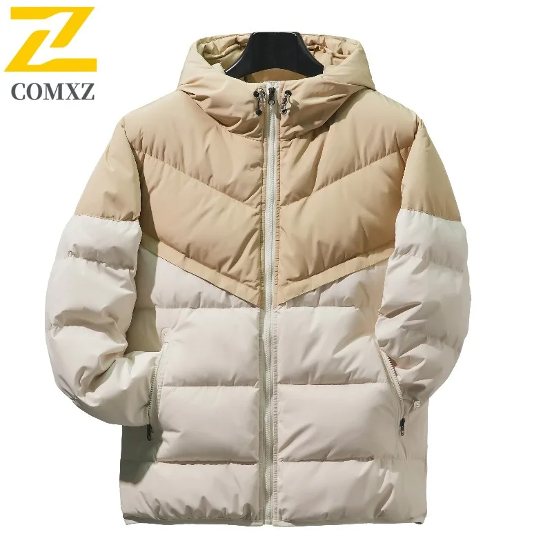 

COMXZ 2025 зимняя мужская пуховая куртка молодежная утолщенная морозостойкая теплая лоскутная куртка с капюшоном на белом утином пуху повседневная уличная верхняя одежда