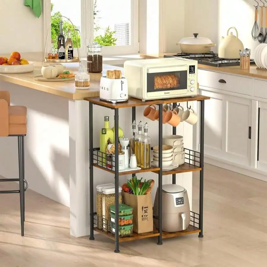 

Kitchen Island Table With Storage,Farmhouse Corner Coffee Bar Cabinet Station,3-Tier Bakers Rack,Microwave Stand With 6
