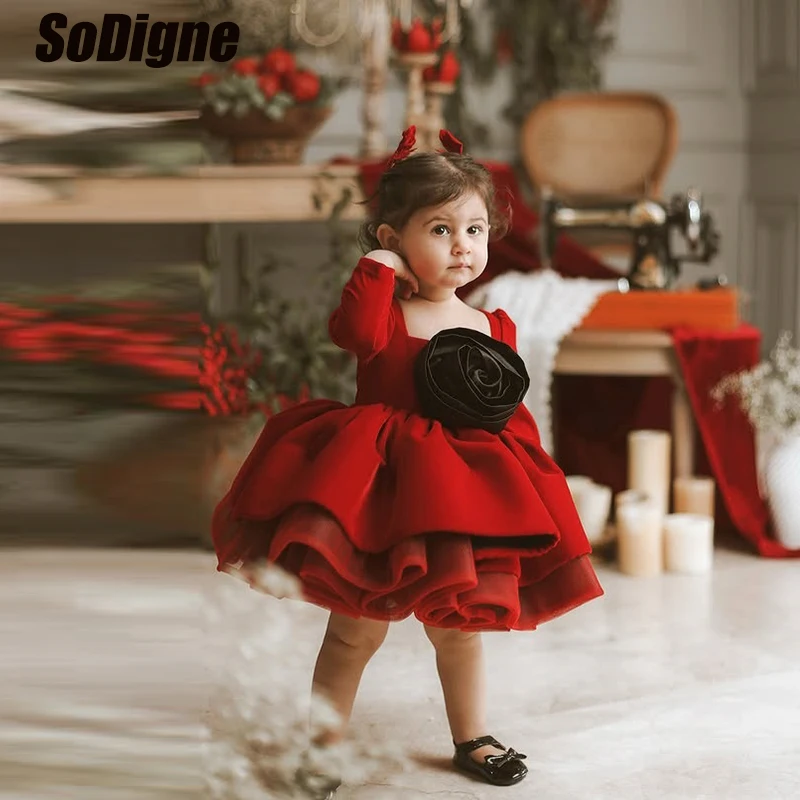 

SoDigne A-line Velvet Flower Girl Dress Square Collar Full Sleeves Girls Skirt Party Dresses Short Kid Princess Gown Customized