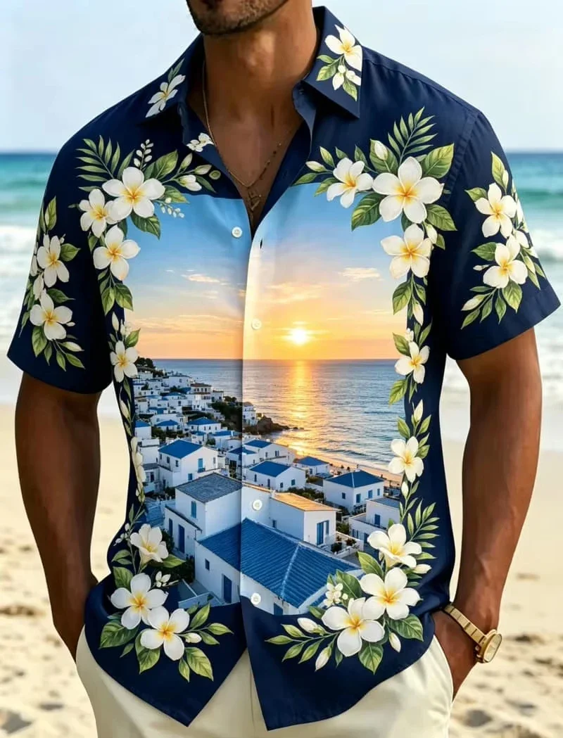 Men's Retro Sunset Coastal Print Shirt Exotic Tropical Style for Summer Holiday Beach Trips Daily Outings & Casual Wear