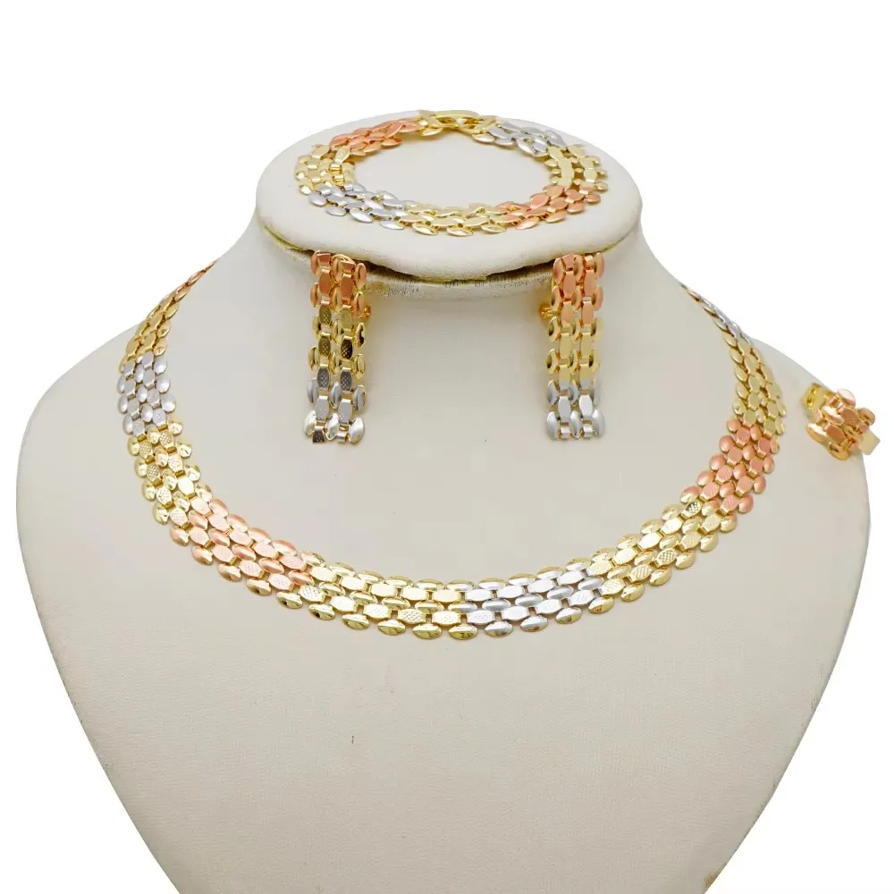 Elegant Simple Gold Color Women Jewelry Set Necklace Earrings Bracelet Ring Fashion Set Dubai Wedding Banquet Party Gift