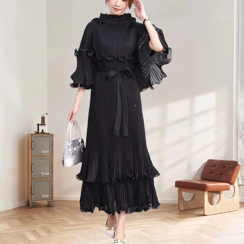 

Miyake Ruffled Dress Pleat Plisse Long French Ruffled Pleat Solid Colour Flared Sleeves Plus Size Fold Dresses Women's Clothing