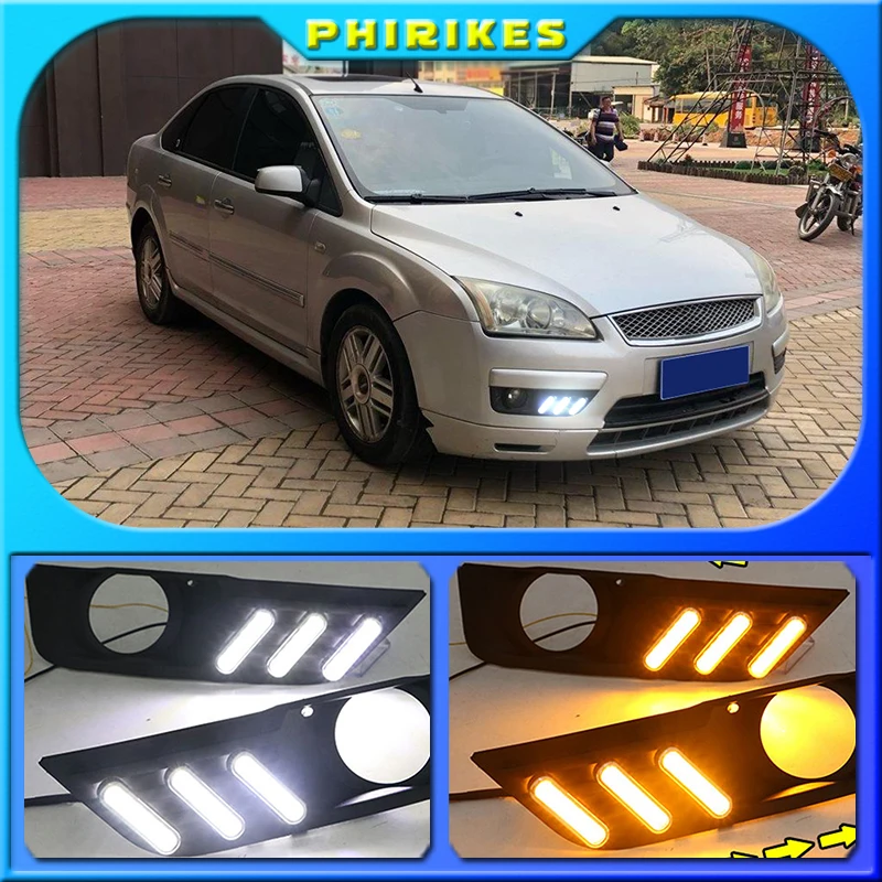 

Автомобильные светодиодные дневные ходовые огни для Ford Focus 2005 2006, передние противотуманные фары, дневные ходовые фонари, дневные ходовые огни, белые, желтые, 12 В