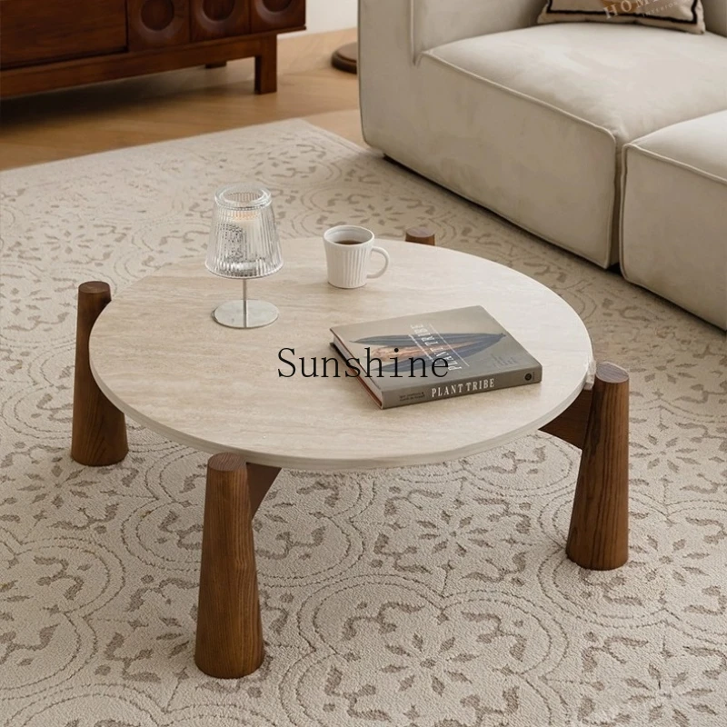 

French rock slab round coffee table Nordic small apartment living room antique solid wood