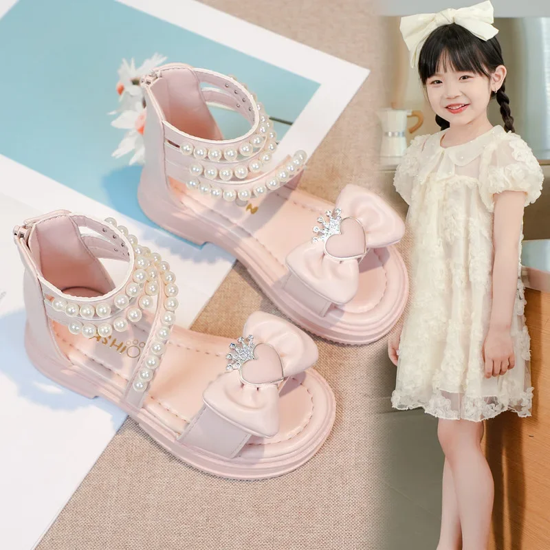 

New 2025 Bow Children's Sandals for Girls Shoes for Kids Gladiator Summer Soft Flat Heels Beach Princess Fashion Beading Shoes