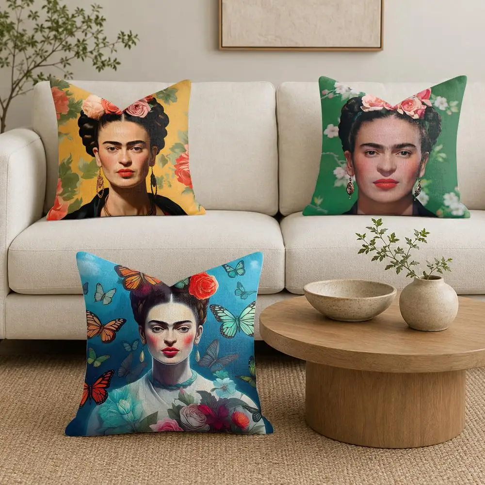 Art F-Frida Kahlo Vintage Style Cushion Cover Organic Natural Linen Pillowcase with Double Sided Print for Sofa Home Decor Gift