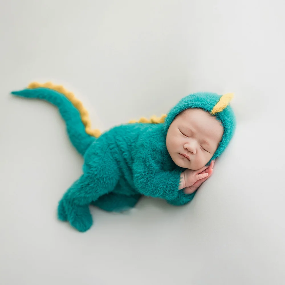 Trajes de dinossauro mohair tricotados com cauda, roupa fotográfica para recém-nascidos, adereços de fotografia, roupas photoshoot