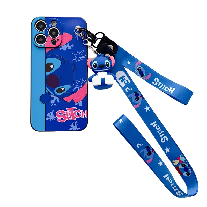 Disney Lustige Cartoon Nette Stich Engel Stretching Stand Lanyard Telefon Fall Für iPhone 12 11 13 14 15 Pro max X XR Weiche TPU Fällen