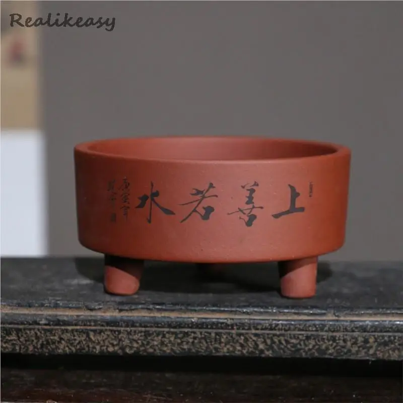 Yixing maceta de barro púrpura para bonsái de escritorio, maceta pequeña de tres patas, suculenta china hecha a mano con agujero, LC369