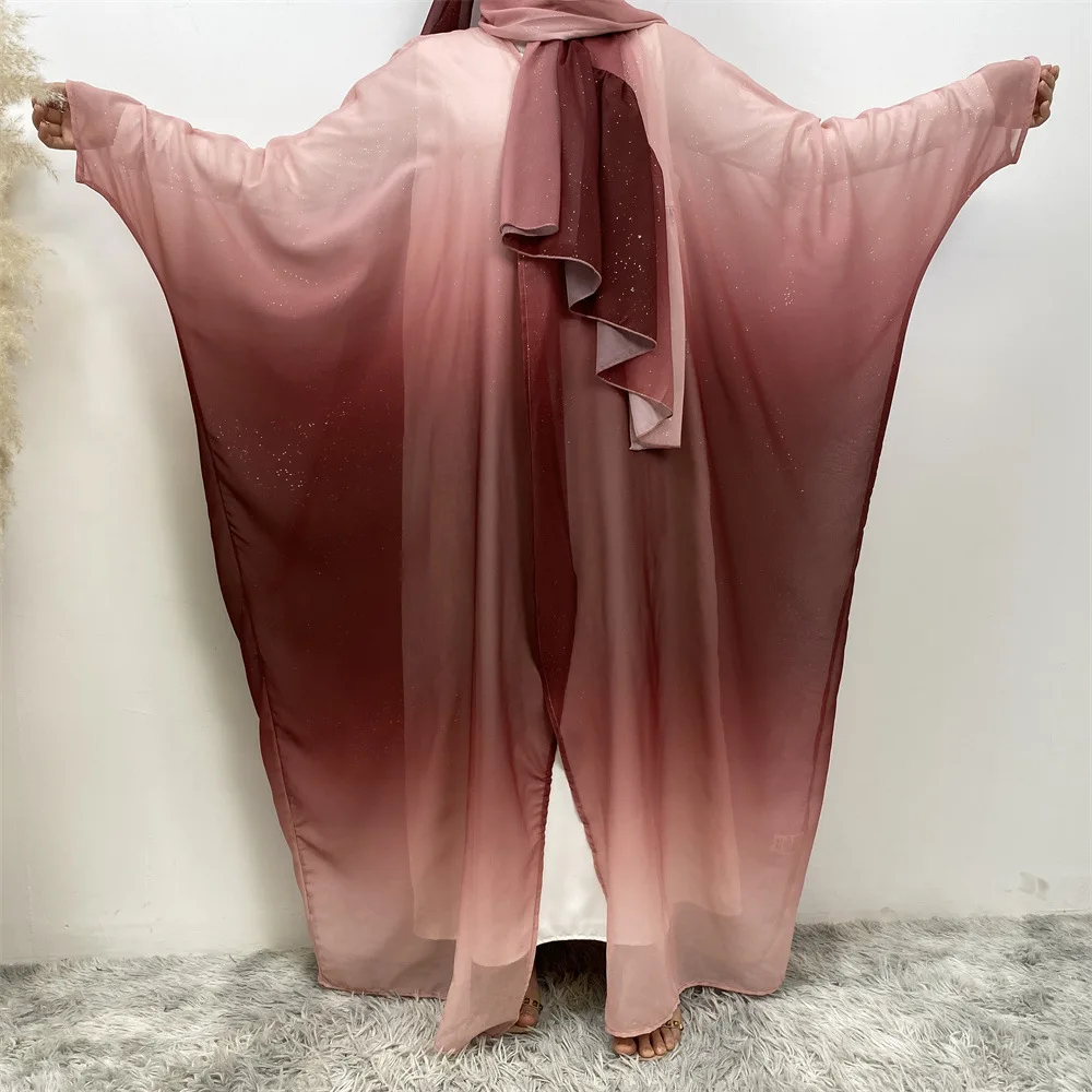 Dubai Luxury Shiny Gradient Color Abaya Open Kimono Muslim Dresses with Scarf Chiffon Modest Robe Khimar Islamic Kebaya Caftan