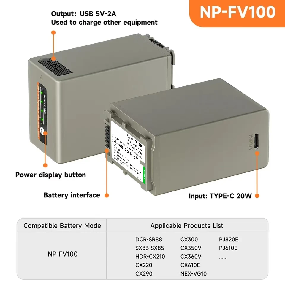 3280mAh NP-FV70 NP-FV100 Battery with 5V/2A Type-C Input for Sony DCR-DVD103 XR100 HDR-XR550/E HDR-XR350E Camera Battery