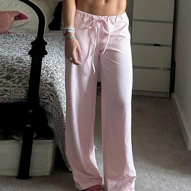 Stripe Drawstring Elastic Low Waist Baggy Sweatpants Women Casual Loose Straight Leg Pants Leisure Summer Streetwear Trousers