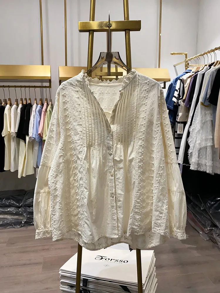 

Женская модная блузка с воротником-стойкой, в стиле ретро, с жаккардовым узором и вышивкой, плиссированная, элегантная, с длинным рукавом, свободного кроя, повседневная