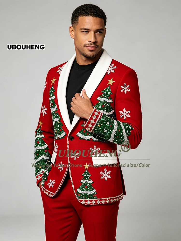 Male Fashion Christmas Suit Men Formal Wear Crystals Beading Stones Jacket Pants 2 Piece Sets Man Banquet Tuxedo Attire Slim Fit